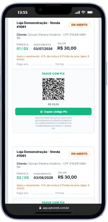 Carnê do GesCredi no celular, com a parcela, QR Code Pix e botão para enviar o comprovante